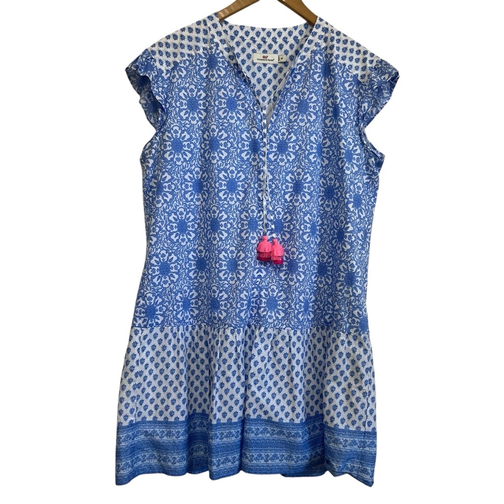 Vineyard Vines Blue White Patterned Dress Short Sleeve Pink Tassel Detail Medium